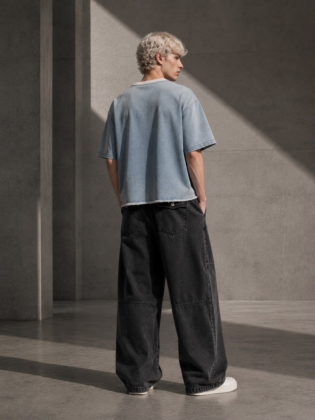 KEY ATELIER Wash Boxy Raw Hem Denim T-Shirt in Light Blue – product detail view