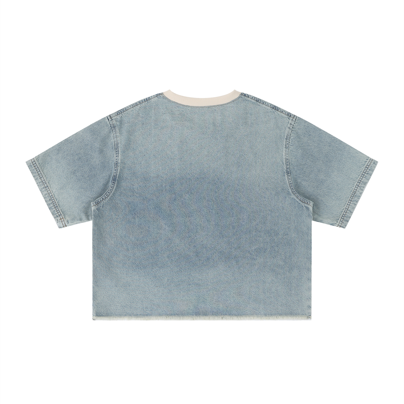 KEY ATELIER Wash Boxy Raw Hem Denim T-Shirt in Light Blue – rear or styling view