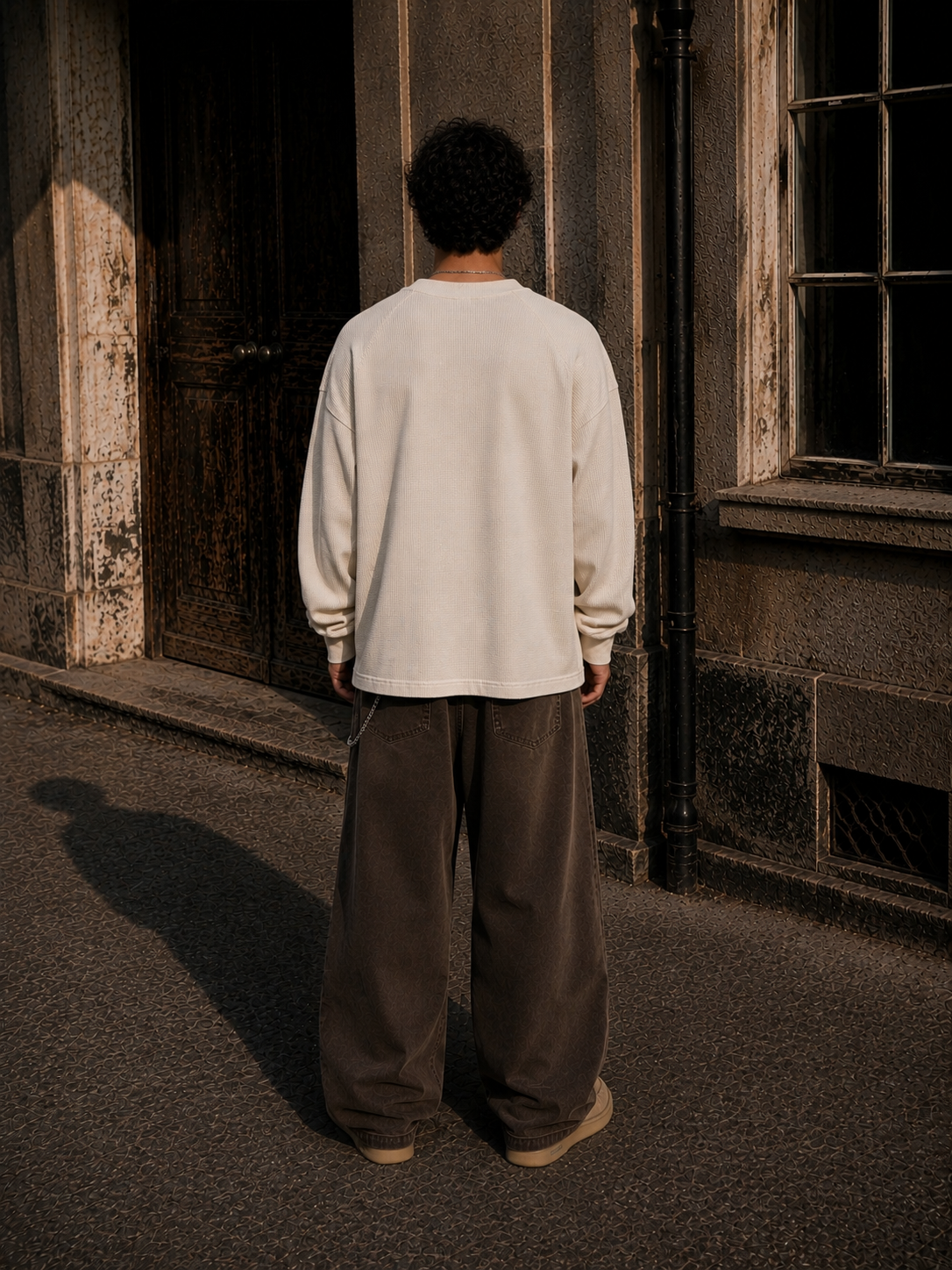 KEY ATELIER Vintage Wash Boxy  Waffle T-Shirt in Light Apricot – side or styling view