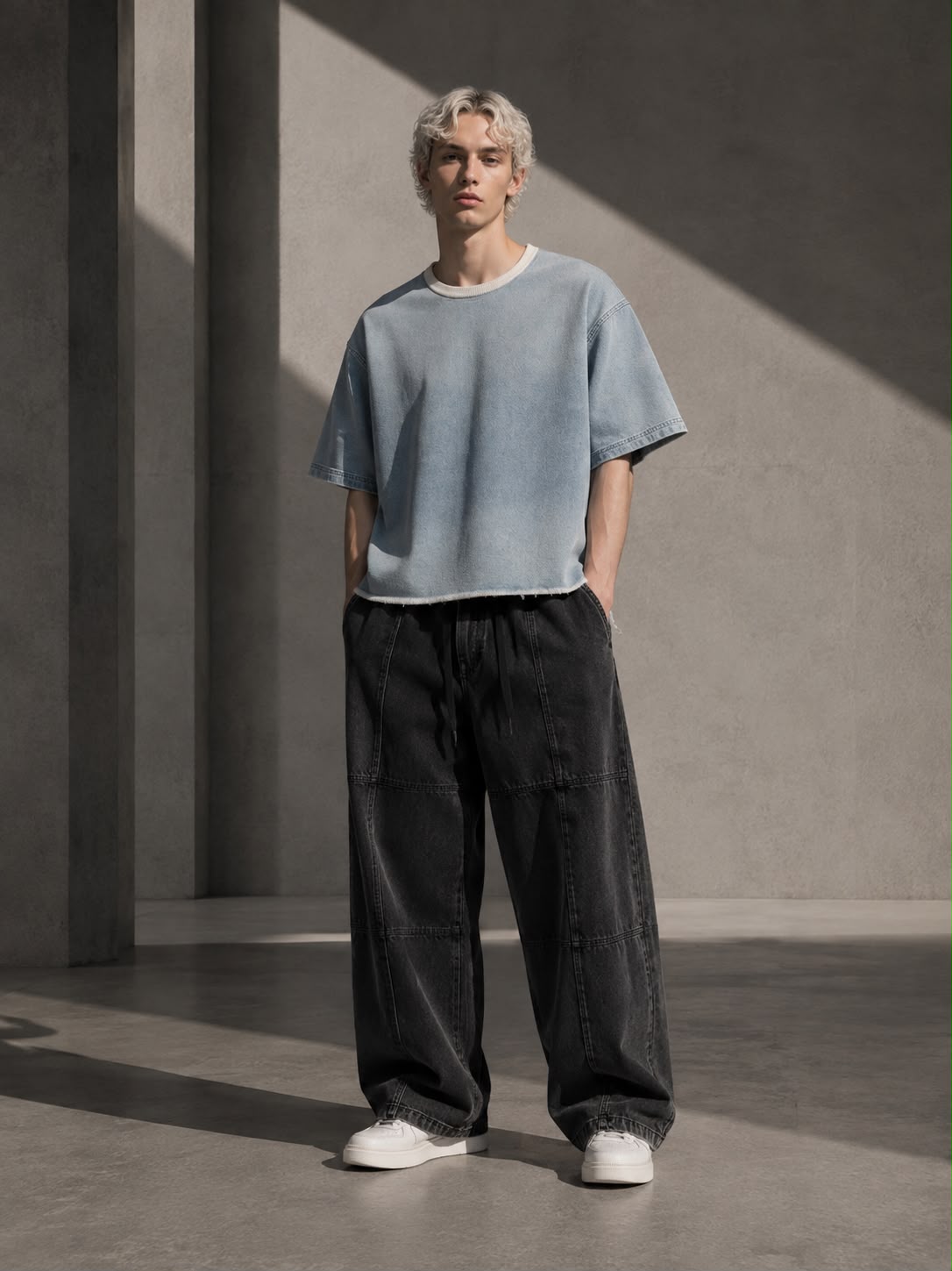 KEY ATELIER Wash Boxy Raw Hem Denim T-Shirt in Light Blue – front product view