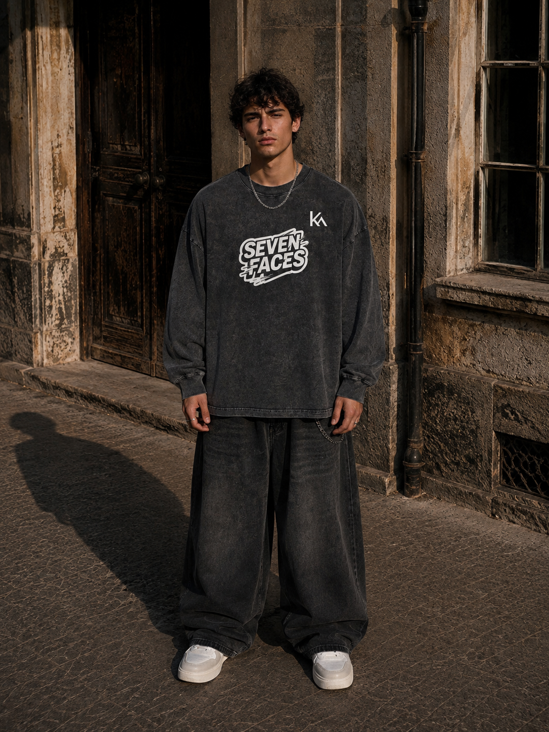 KEY ATELIER Snow Washed Frayed Edge T-Shirt in Black – front product view