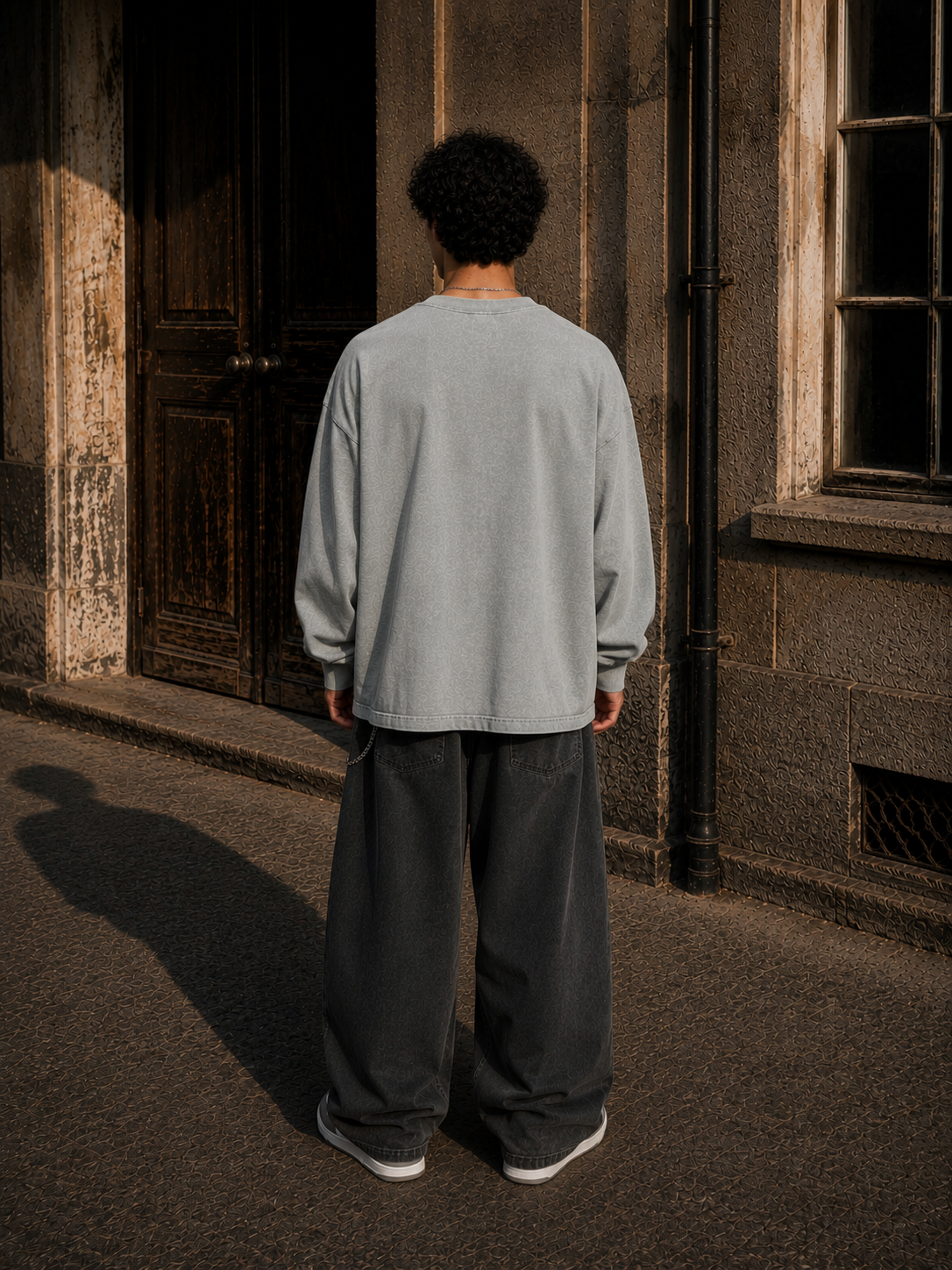 KEY ATELIER Snow Washed Frayed Edge T-Shirt in Light Gray – side or styling view