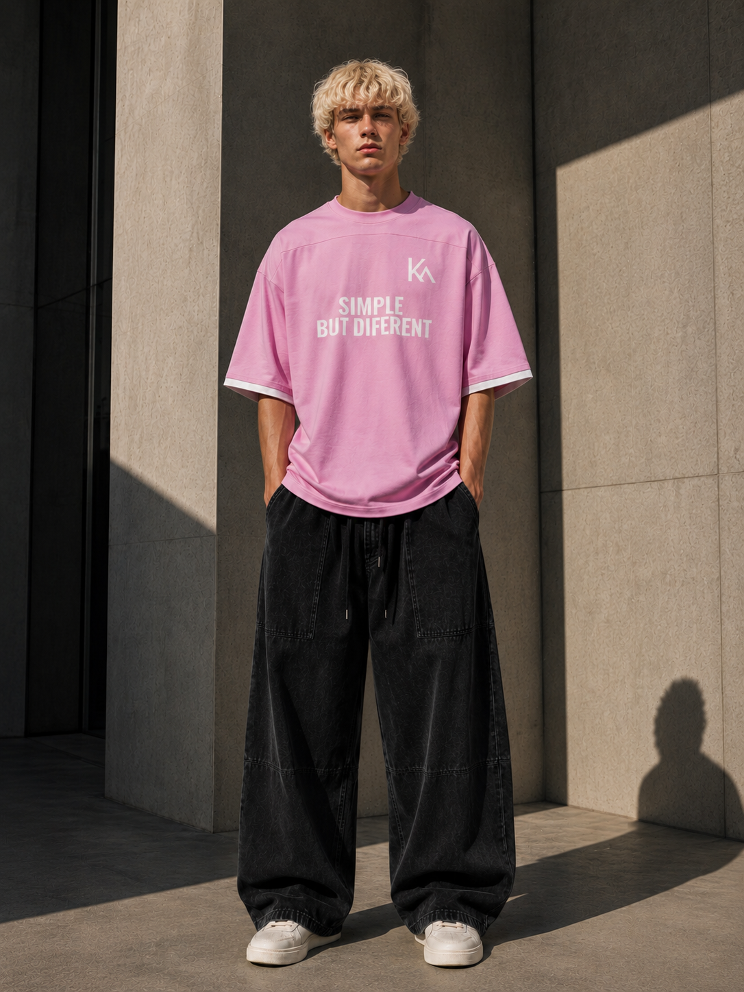KEY ATELIER Color Block Drop Shoulder T-Shirt in Pink – front product view