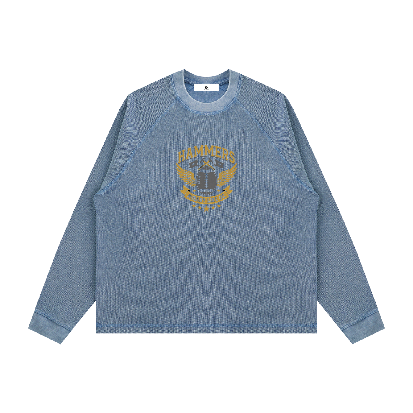 KEY ATELIER Vintage Wash Boxy  Waffle T-Shirt in Blue – rear or styling view