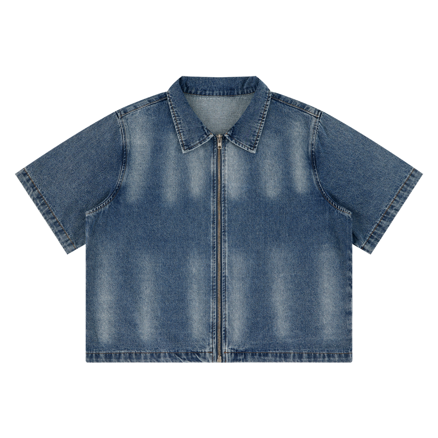 KEY ATELIER Vintage Washed Full-Zip Denim Shirt in Jeans Blue – rear or styling view