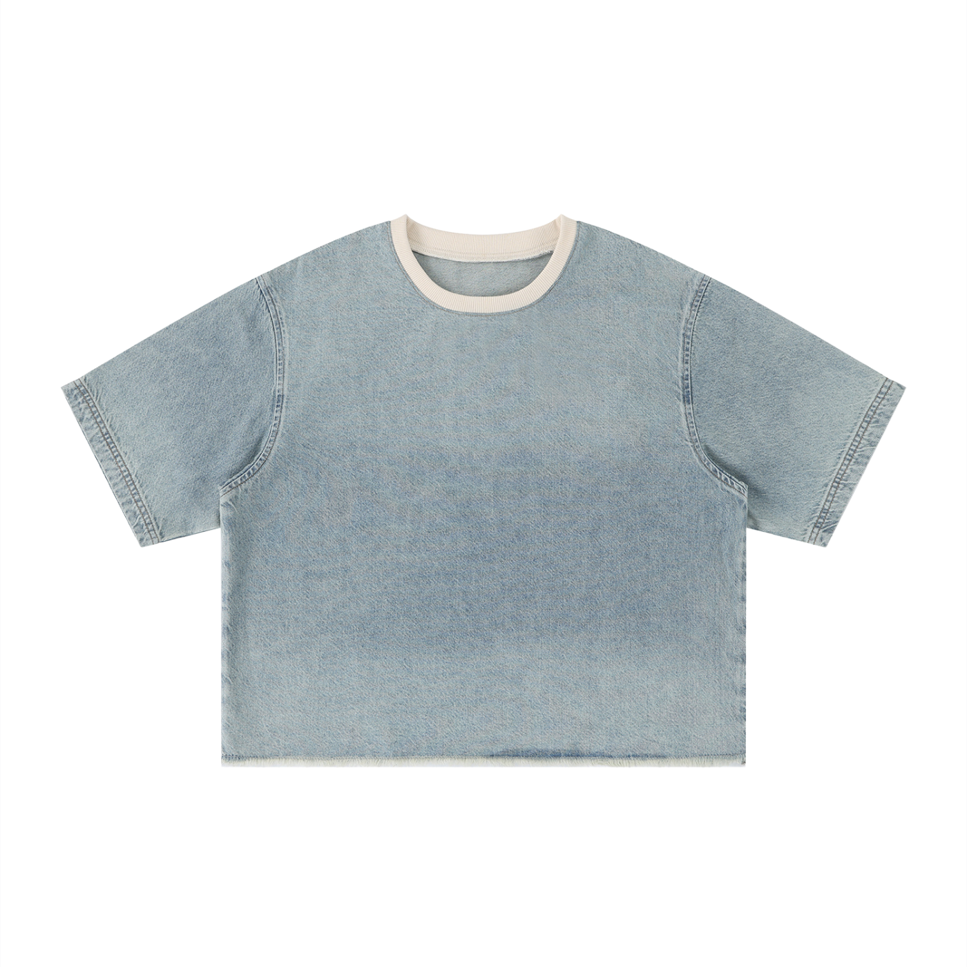 KEY ATELIER Wash Boxy Raw Hem Denim T-Shirt in Light Blue – side or styling view