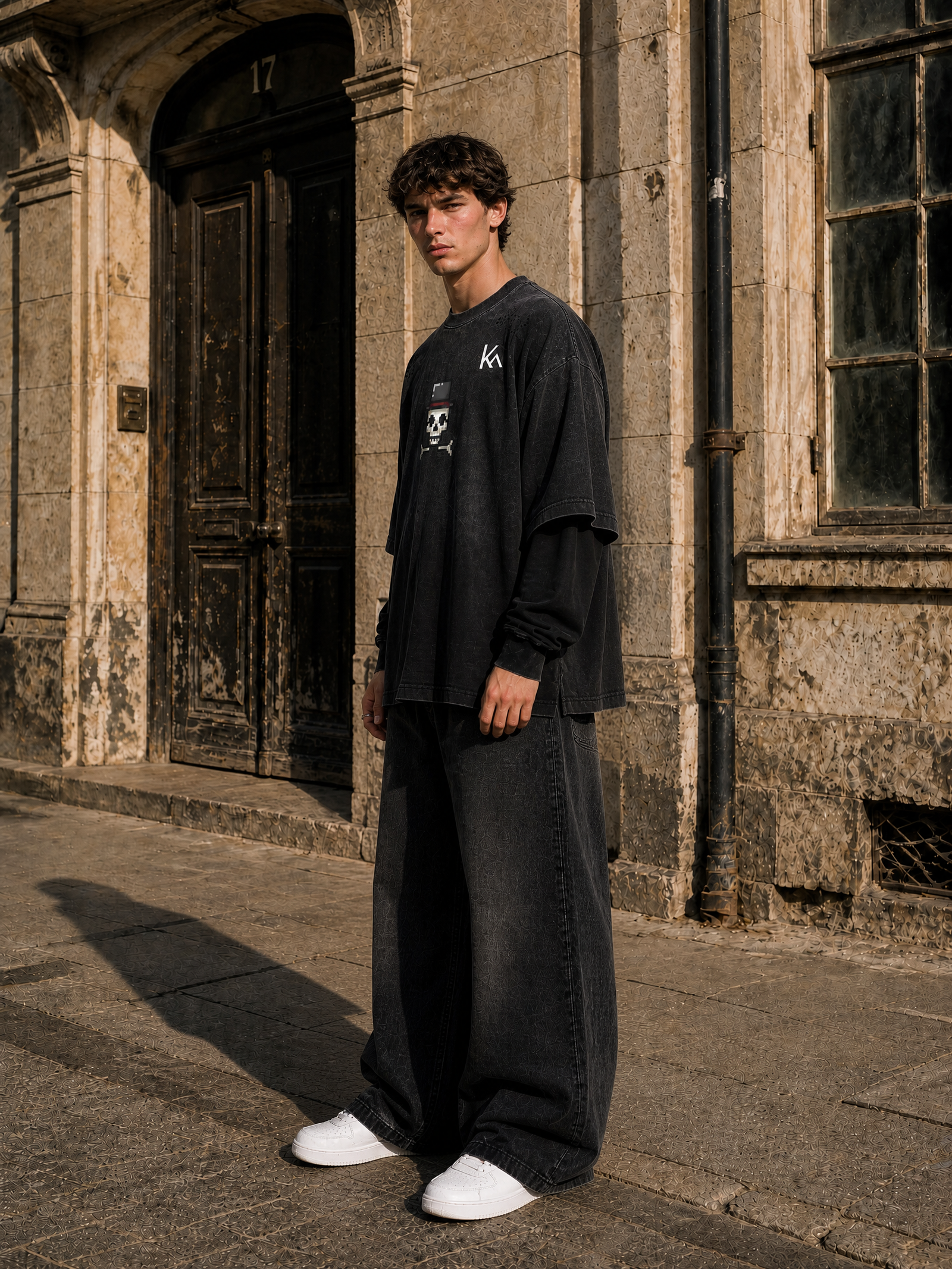 KEY ATELIER Sunfade Hand-Frayed Faux Two-Piece T-Shirt in Black – product detail view