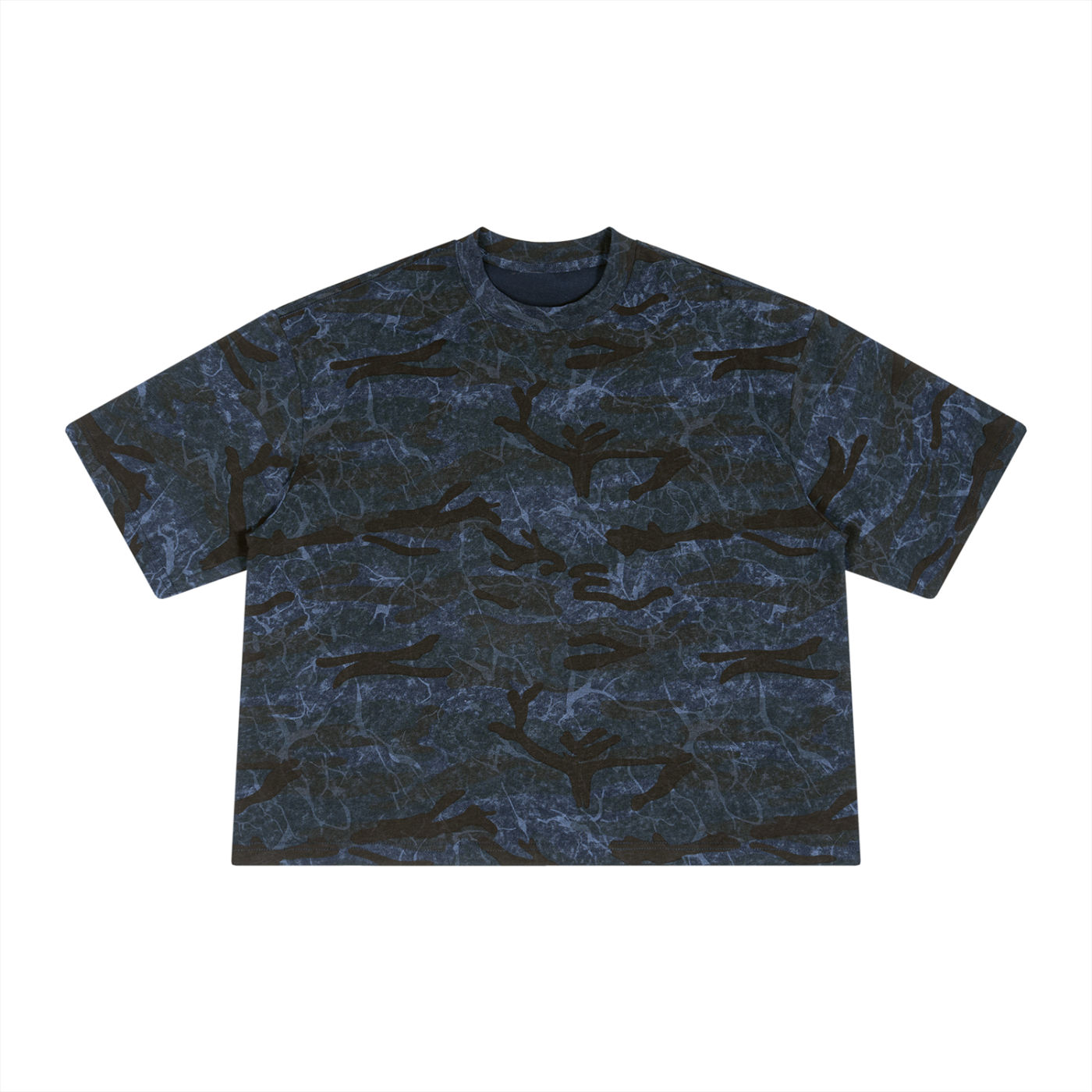 KEY ATELIER Boxy Camo Print T-Shirt in Blue Camo – side or styling view