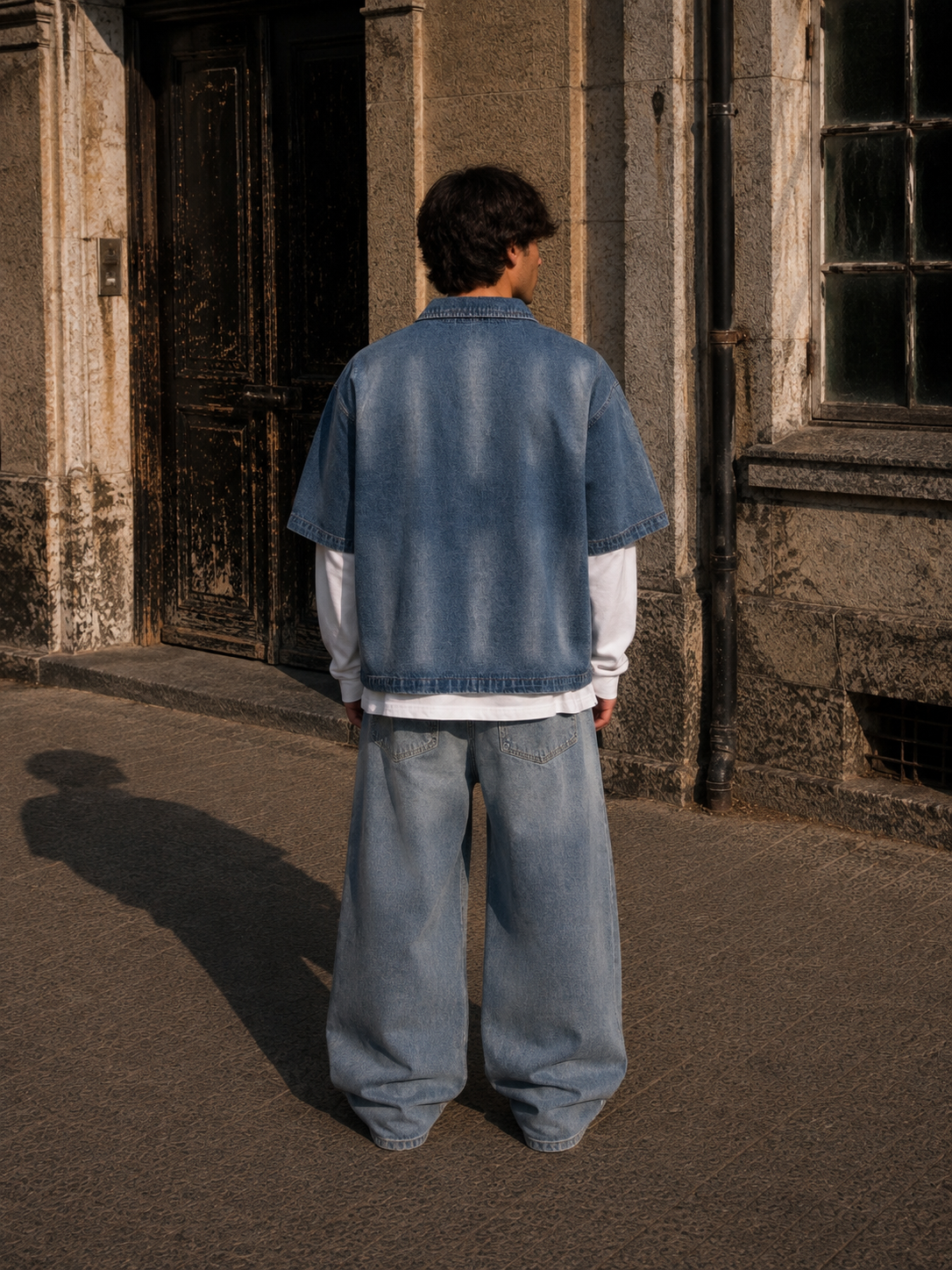 KEY ATELIER Vintage Washed Full-Zip Denim Shirt in Jeans Blue – side or styling view