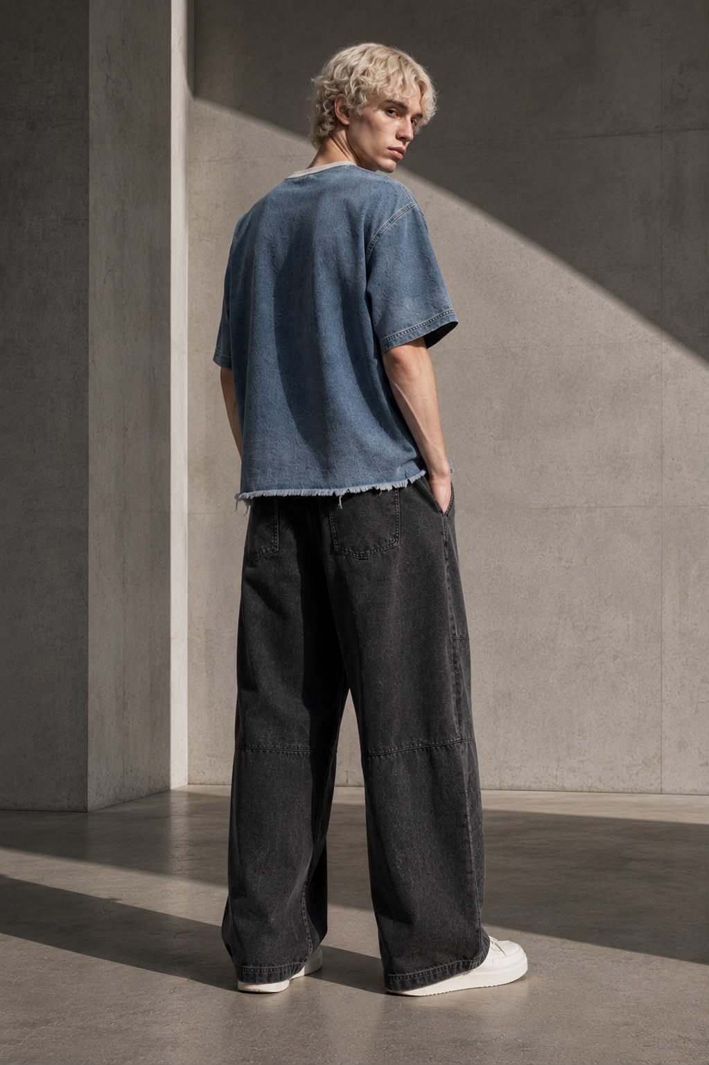 KEY ATELIER Wash Boxy Raw Hem Denim T-Shirt in Jeans Blue – side or styling view