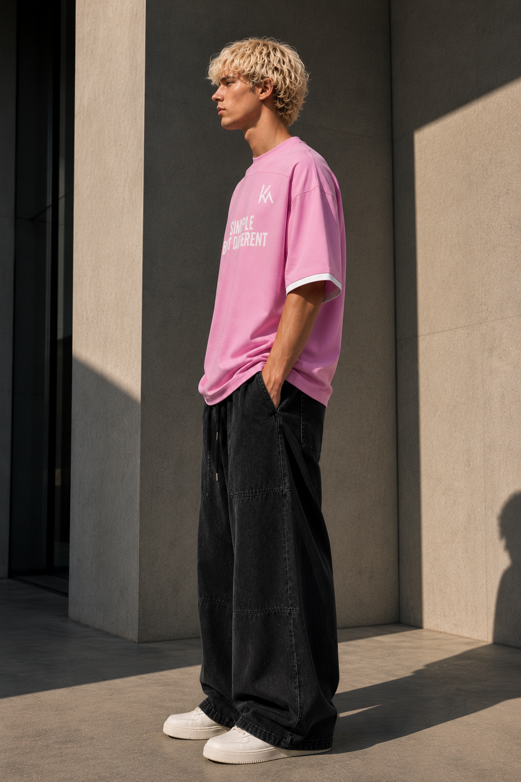 KEY ATELIER Color Block Drop Shoulder T-Shirt in Pink – side or styling view