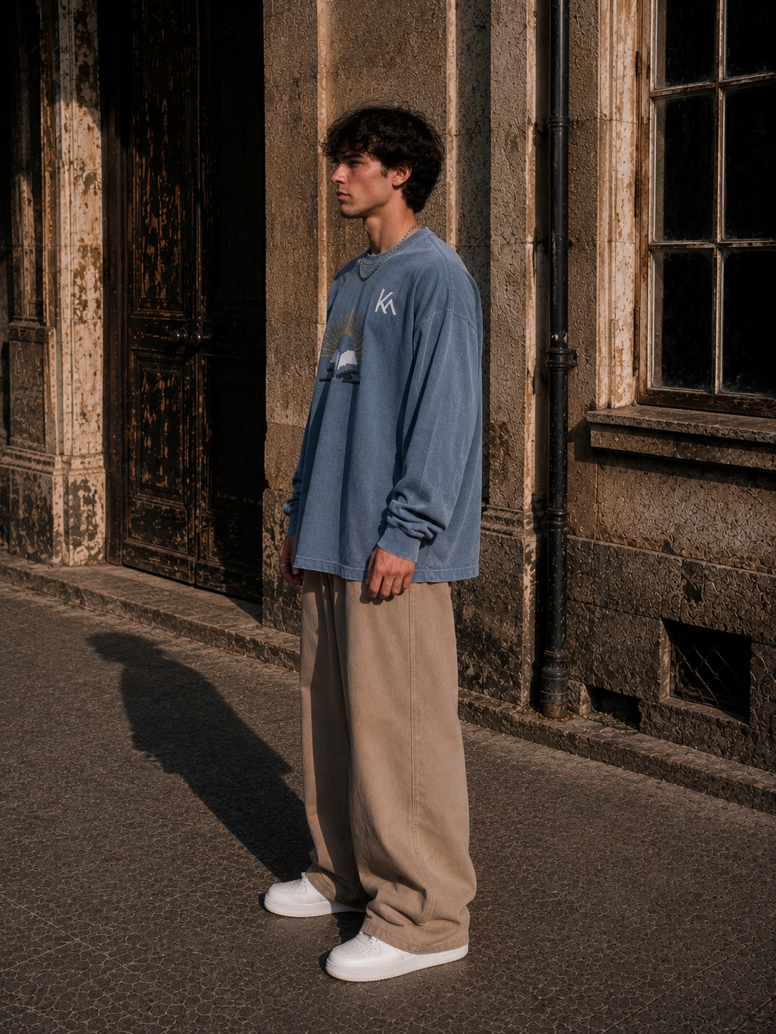 KEY ATELIER Vintage Washed Long Sleeve T-Shirt in Gray Blue – product detail view
