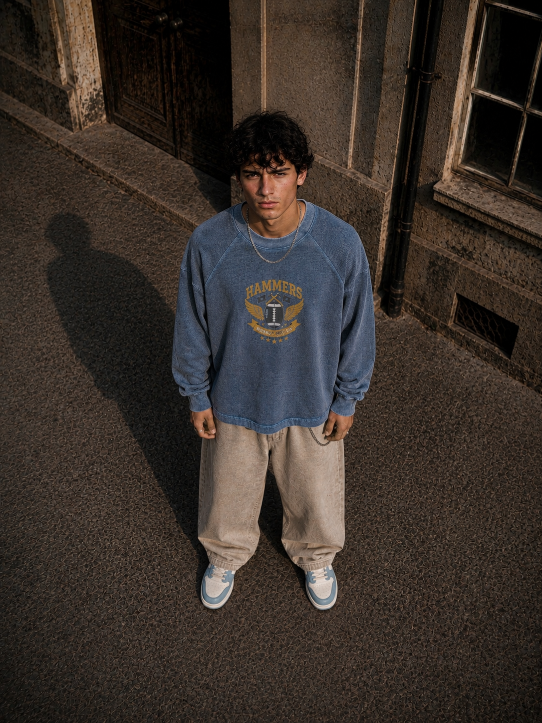 KEY ATELIER Vintage Wash Boxy  Waffle T-Shirt in Blue – front product view