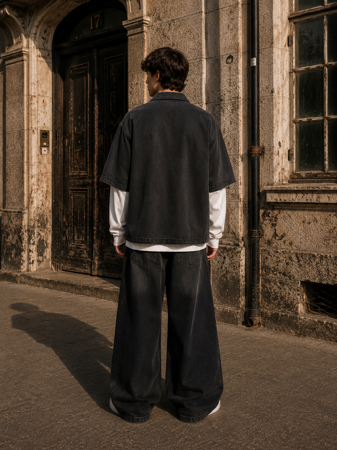 KEY ATELIER Vintage Washed Full-Zip Denim Shirt in Black – side or styling view