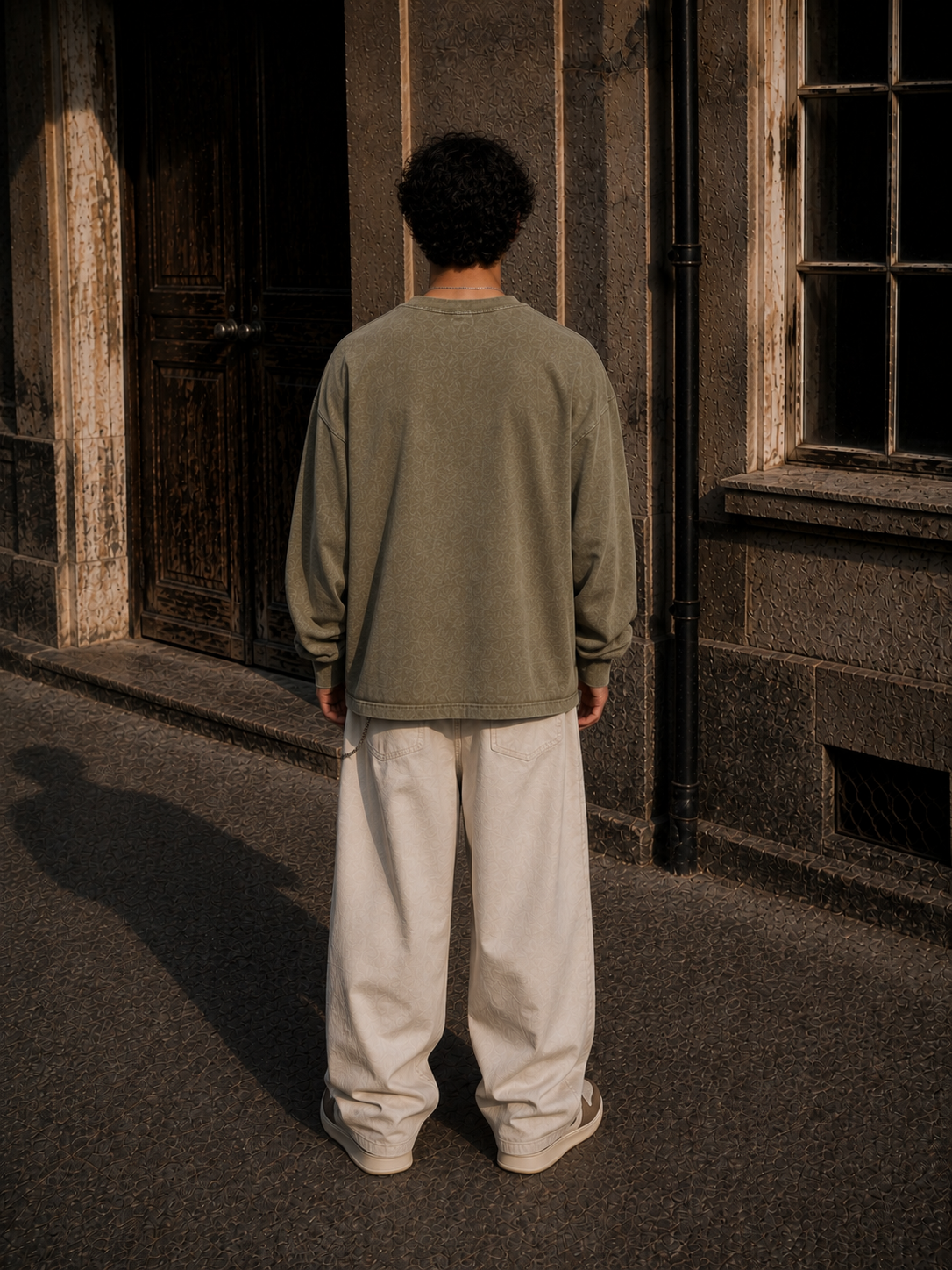 KEY ATELIER Snow Washed Frayed Edge T-Shirt in Stone Gray – side or styling view