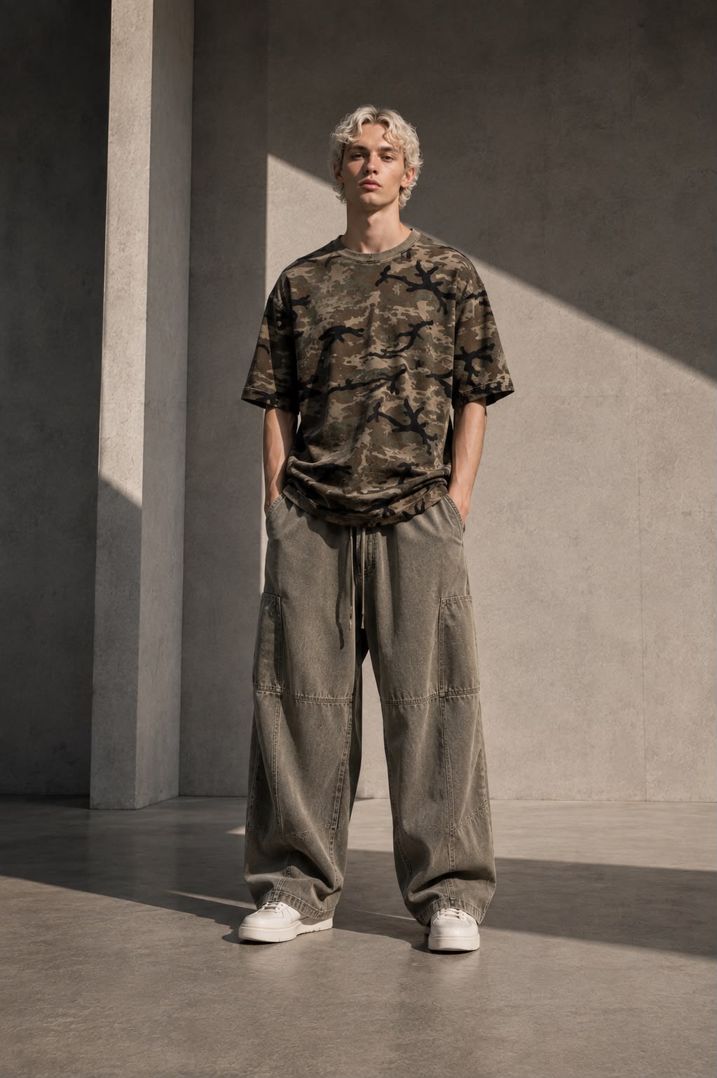 KEY ATELIER Boxy Camo Print T-Shirt in Green Camo – front product view