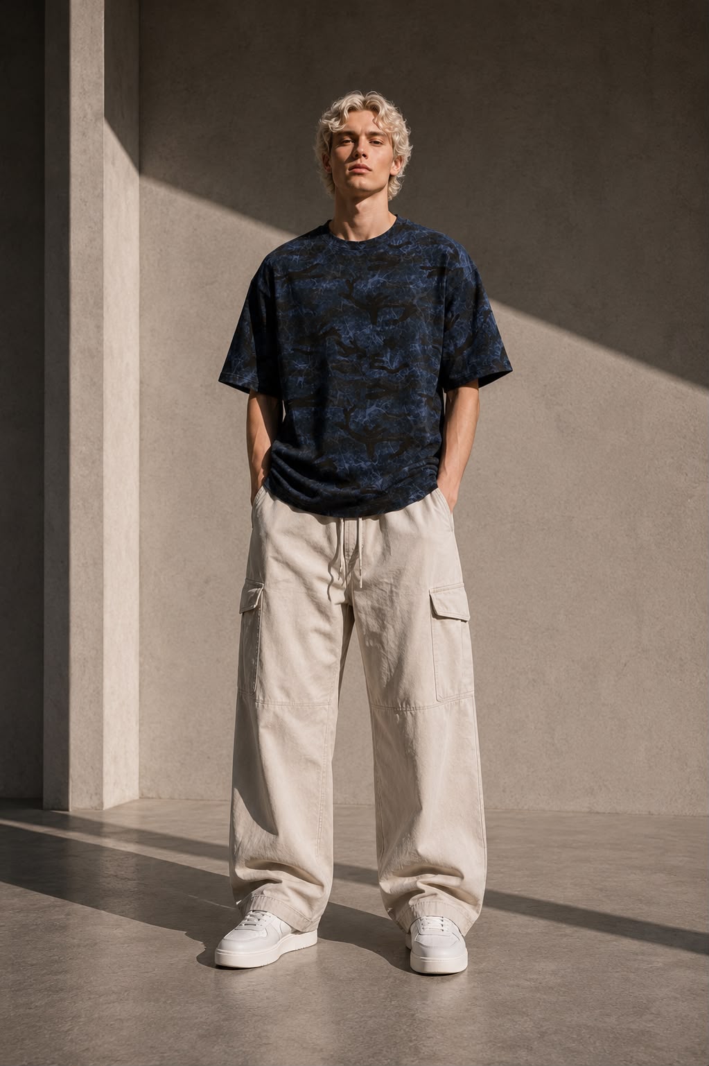 KEY ATELIER Boxy Camo Print T-Shirt in Blue Camo – front product view