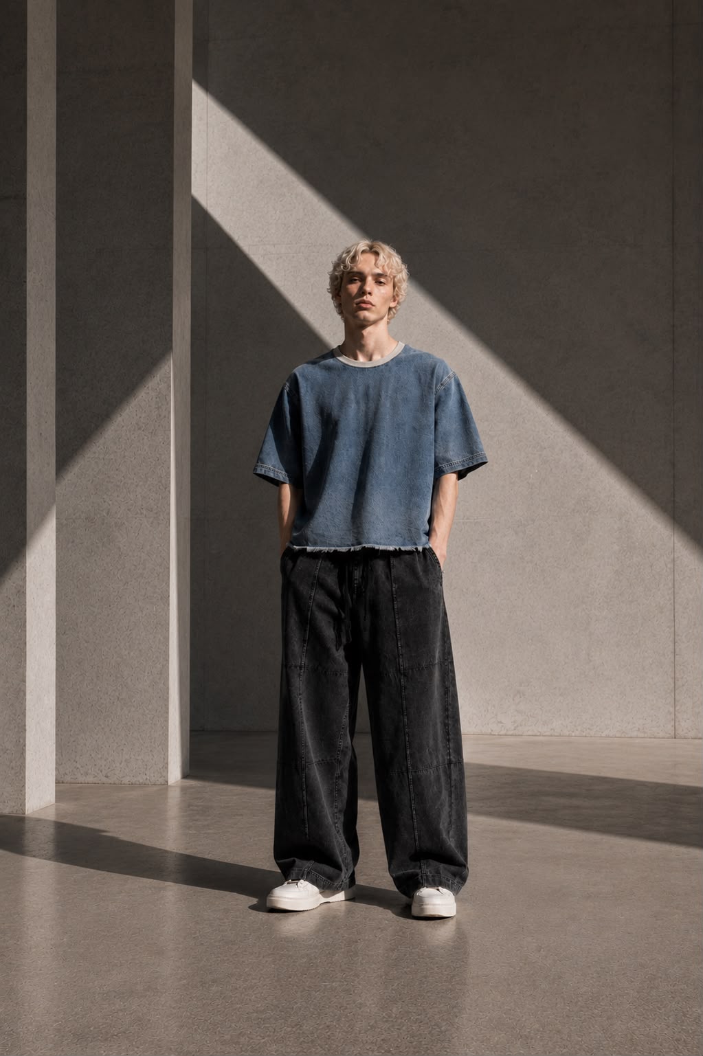 KEY ATELIER Wash Boxy Raw Hem Denim T-Shirt in Jeans Blue – front product view