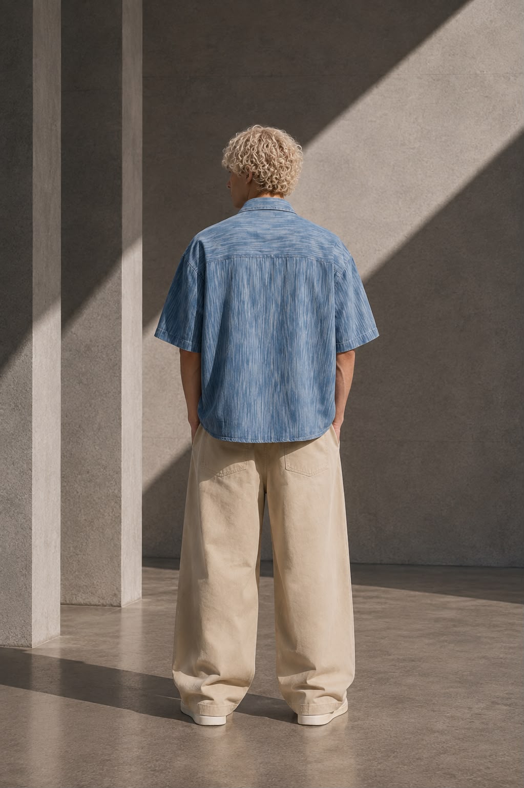 KEY ATELIER Boxy Vintage Wash Denim Shirt in Jeans Blue – side or styling view