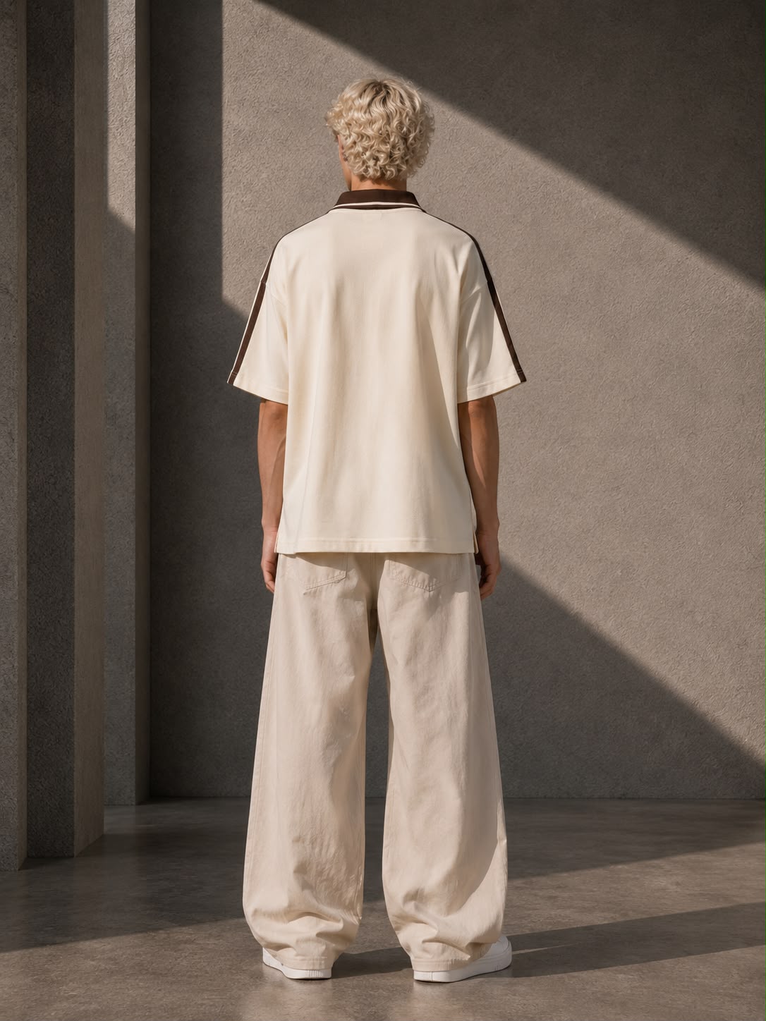 KEY ATELIER Color Block Polo Shirt in Apricot – side or styling view