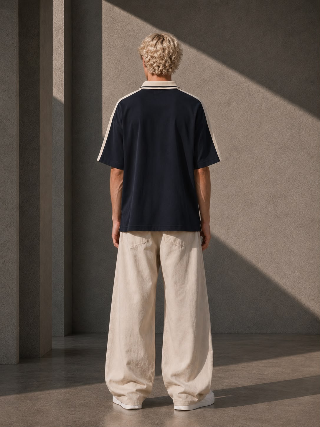 KEY ATELIER Color Block Polo Shirt in Navy Blue – side or styling view
