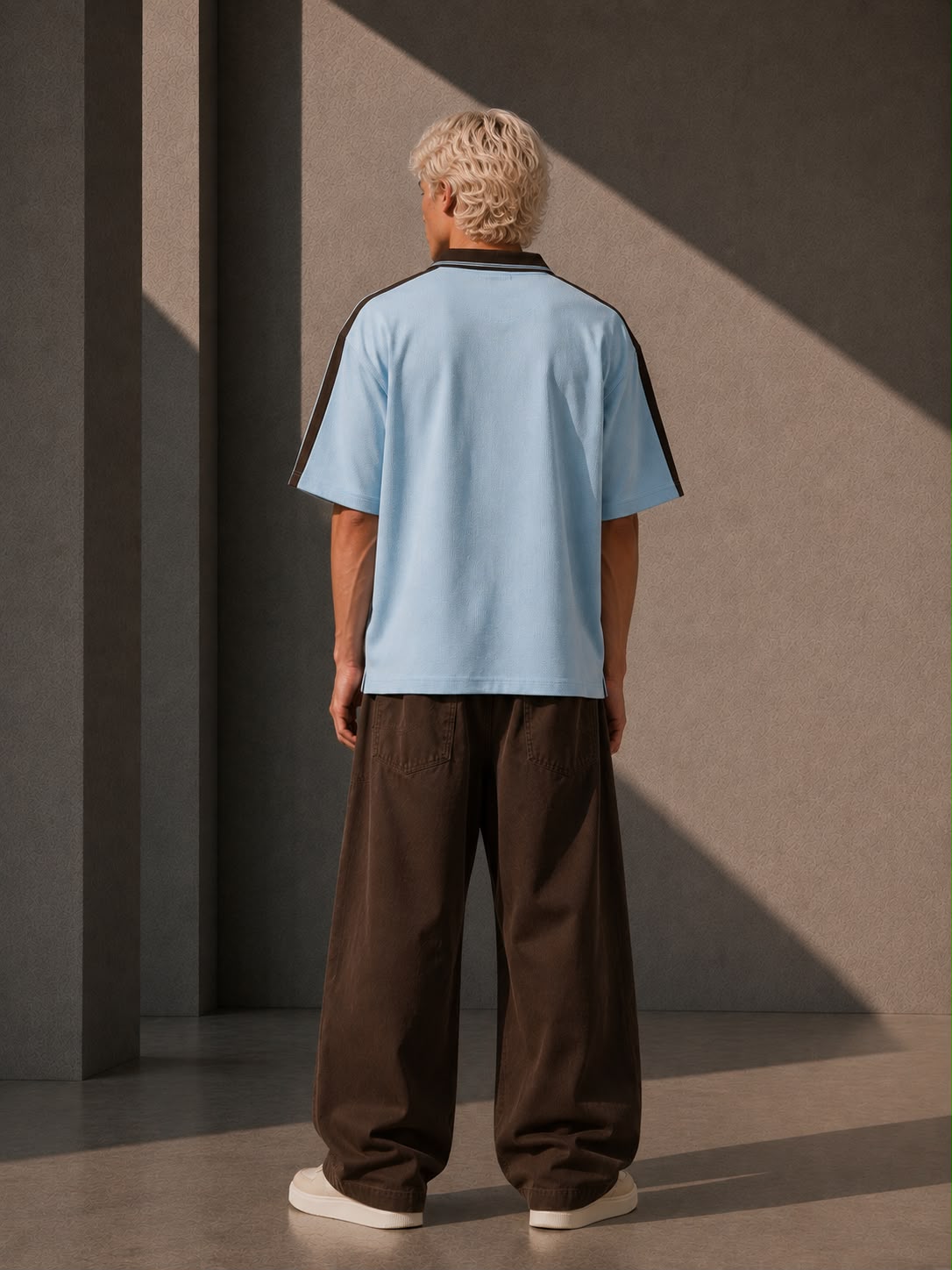 KEY ATELIER Color Block Polo Shirt in Sky Blue – side or styling view