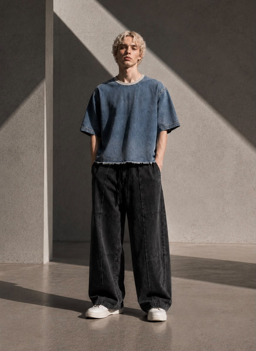 KEY ATELIER Wash Boxy Raw Hem Denim T-Shirt in Jeans Blue – product detail view