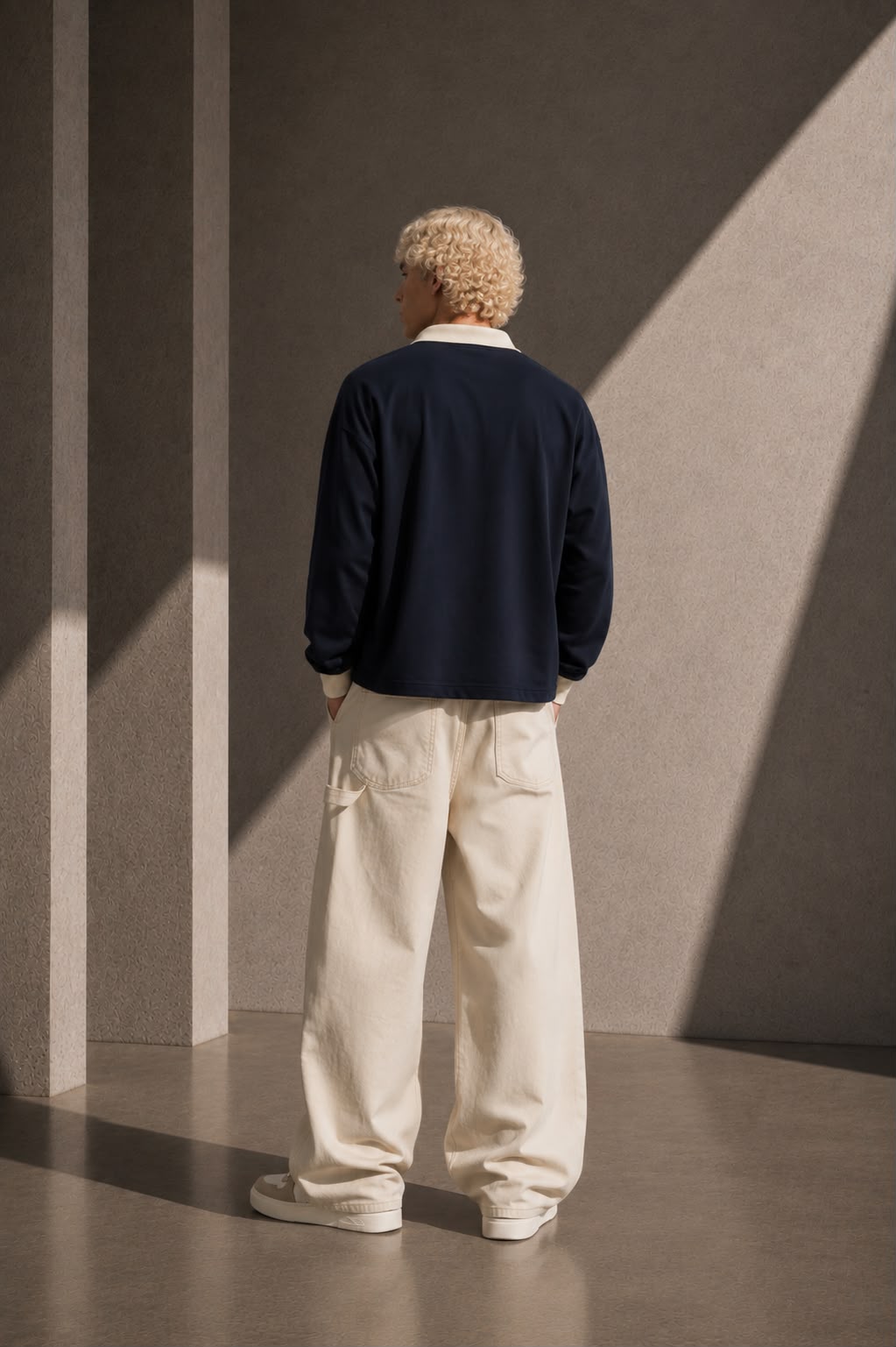 KEY ATELIER Color Block Long Sleeve Sweatshirt in Navy Blue – rear or styling view