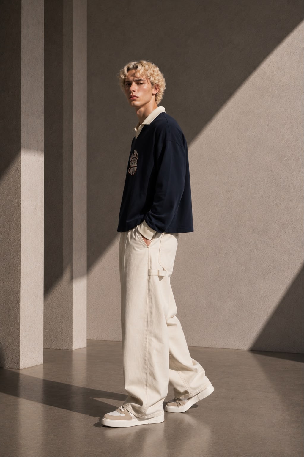 KEY ATELIER Color Block Long Sleeve Sweatshirt in Navy Blue – side or styling view