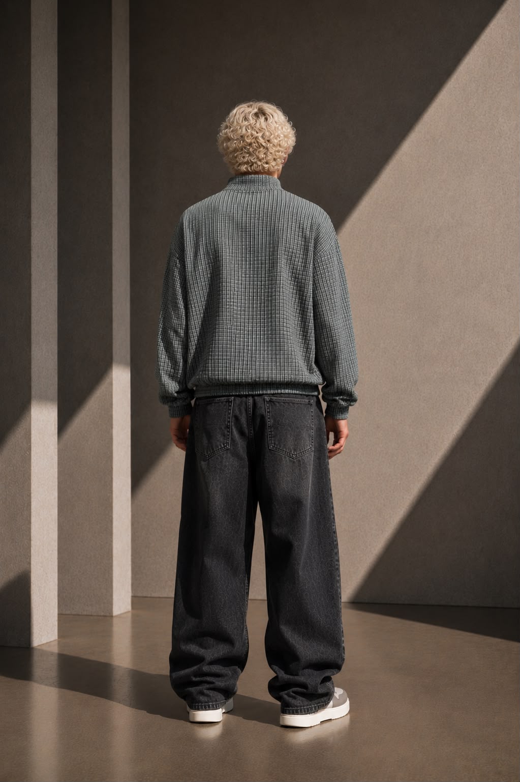 KEY ATELIER Plaid Quarter-Zip Sweatshirt in Navy Blue Plaid – rear or styling view
