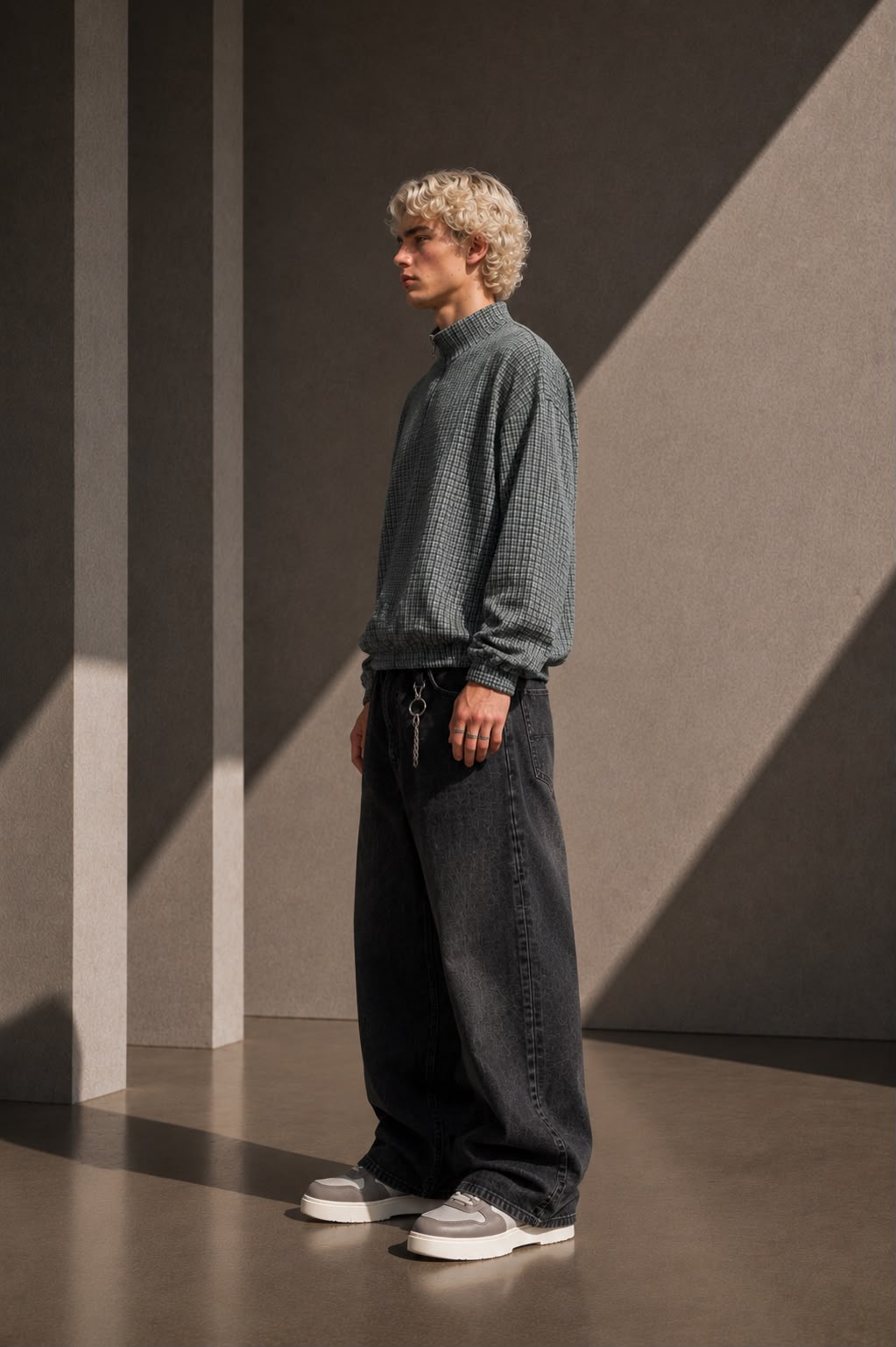 KEY ATELIER Plaid Quarter-Zip Sweatshirt in Navy Blue Plaid – side or styling view