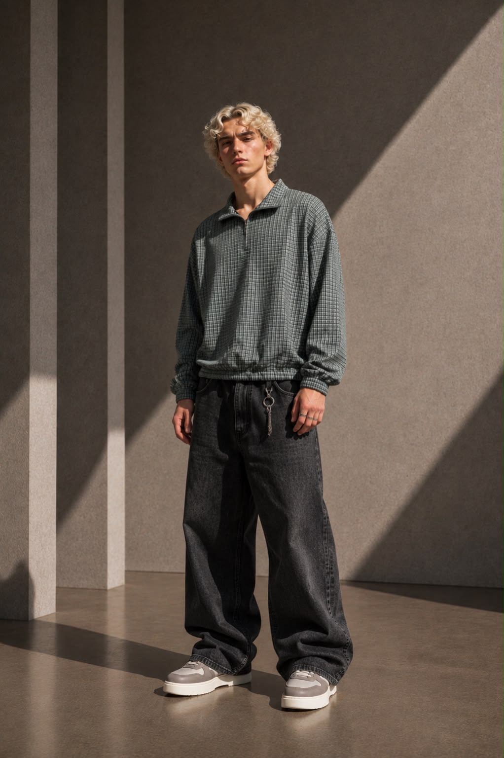 KEY ATELIER Plaid Quarter-Zip Sweatshirt in Navy Blue Plaid – front product view