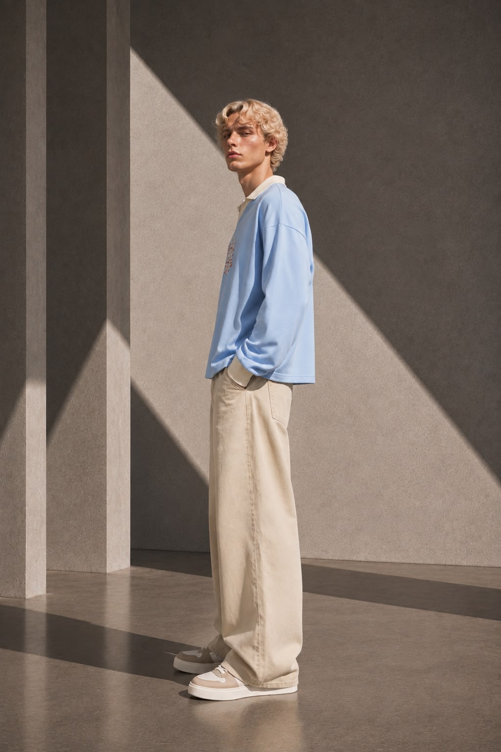 KEY ATELIER Color Block Long Sleeve Sweatshirt in Sky Blue – side or styling view