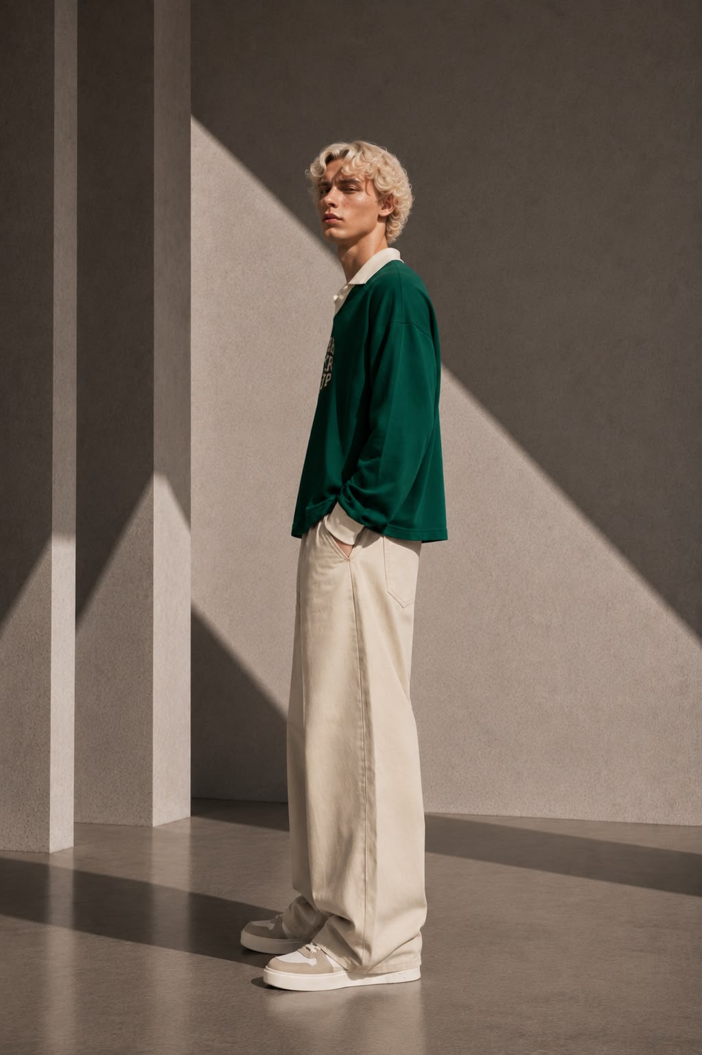 KEY ATELIER Color Block Long Sleeve Sweatshirt in Green – side or styling view