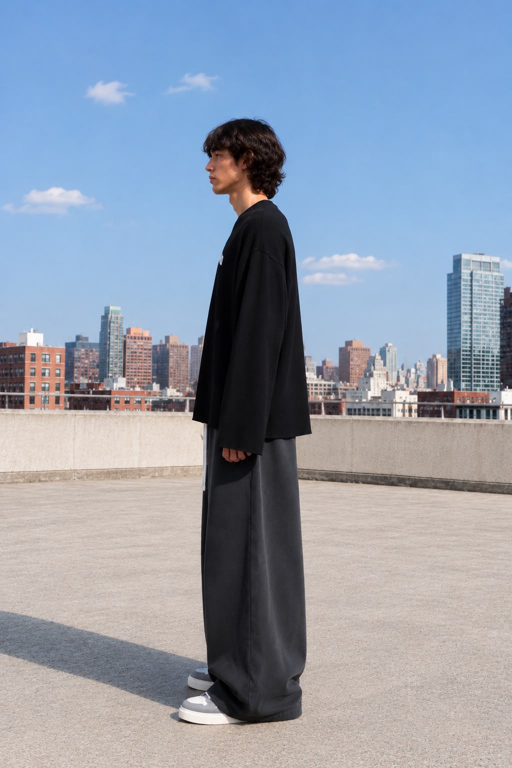 KEY ATELIER Waffle Raw Edge T-Shirt in Black – side or styling view