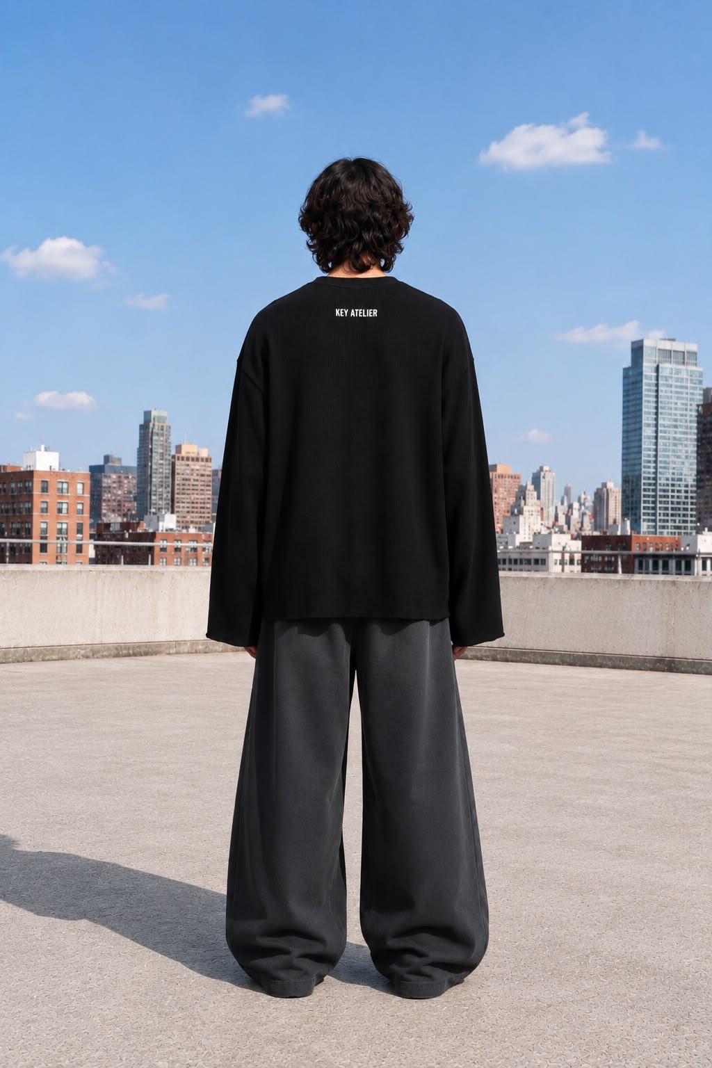 KEY ATELIER Waffle Raw Edge T-Shirt in Black – rear or styling view
