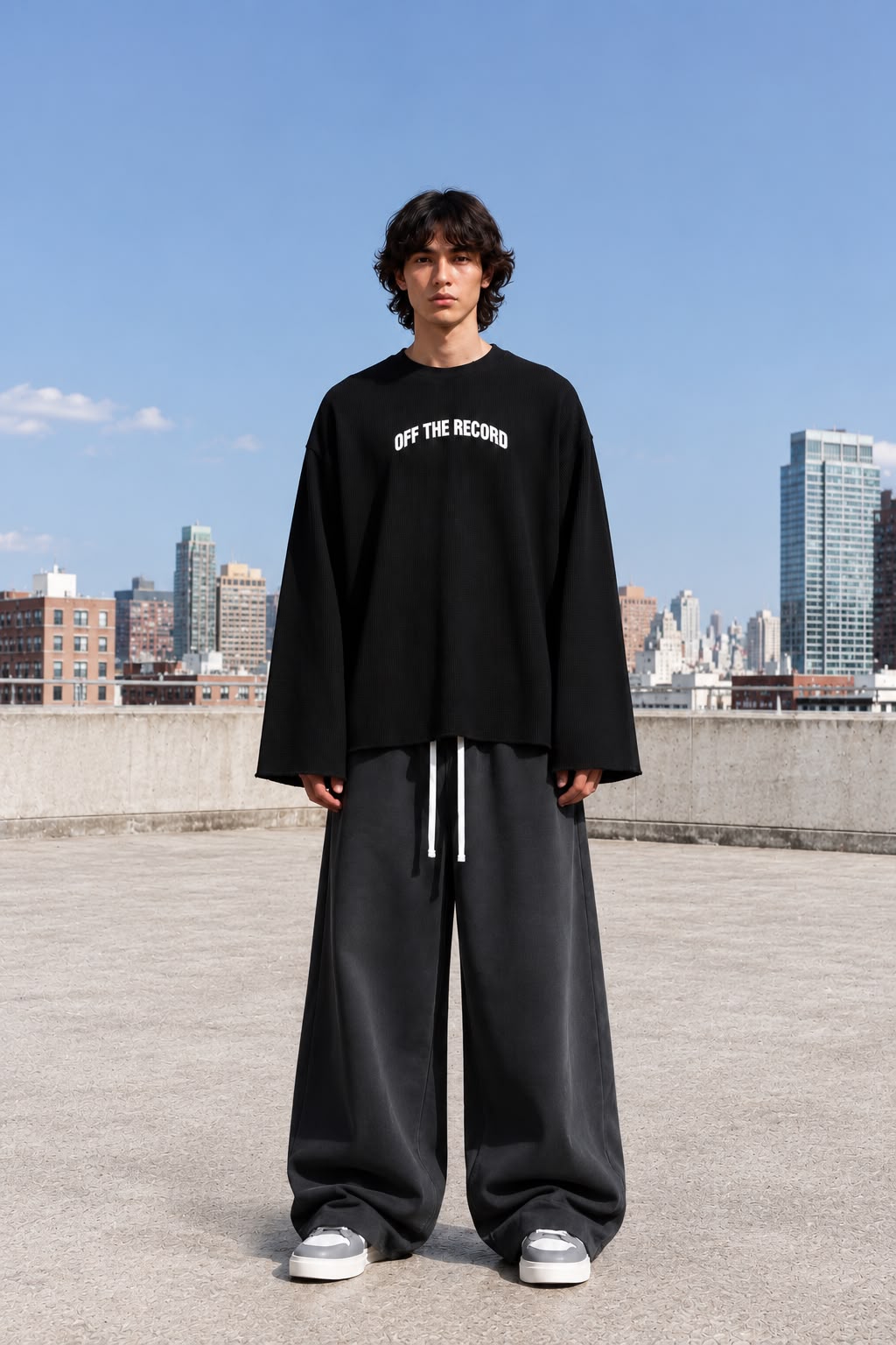 KEY ATELIER Waffle Raw Edge T-Shirt in Black – front product view