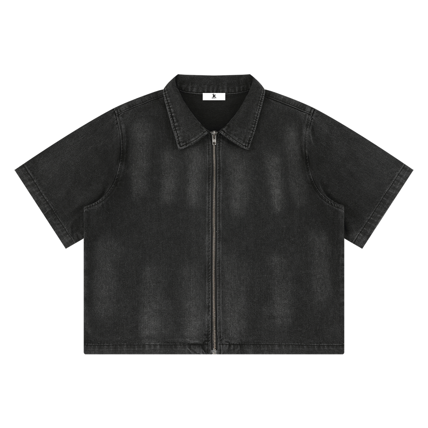 KEY ATELIER Vintage Washed Full-Zip Denim Shirt in Black – rear or styling view