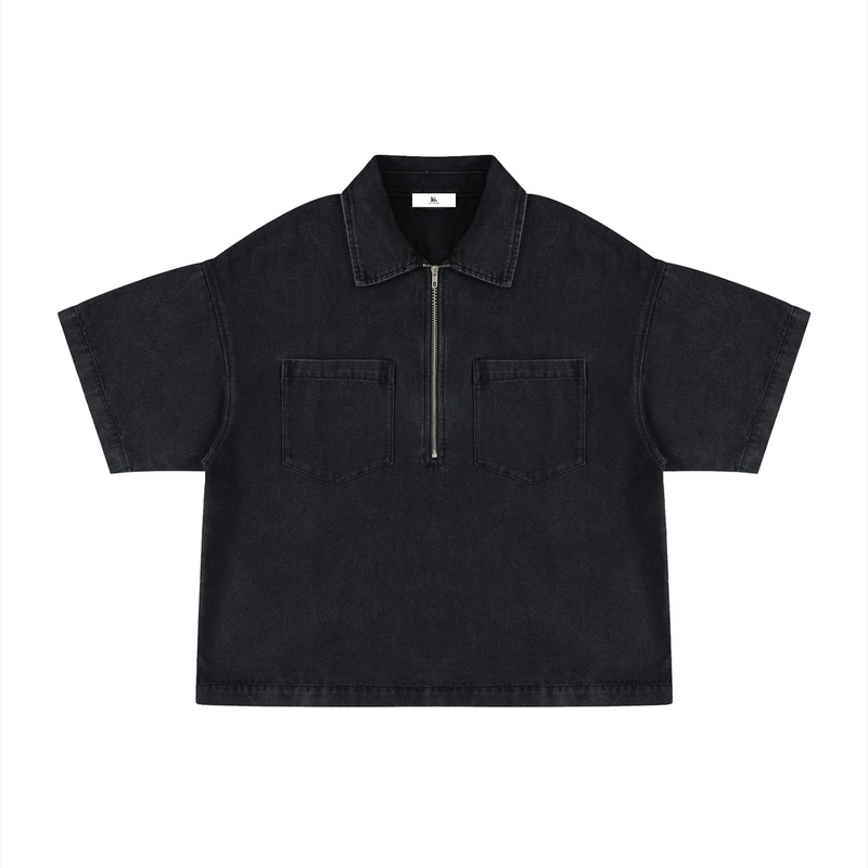 Vintage Wash Boxy Quarter-Zip Denim Shirt