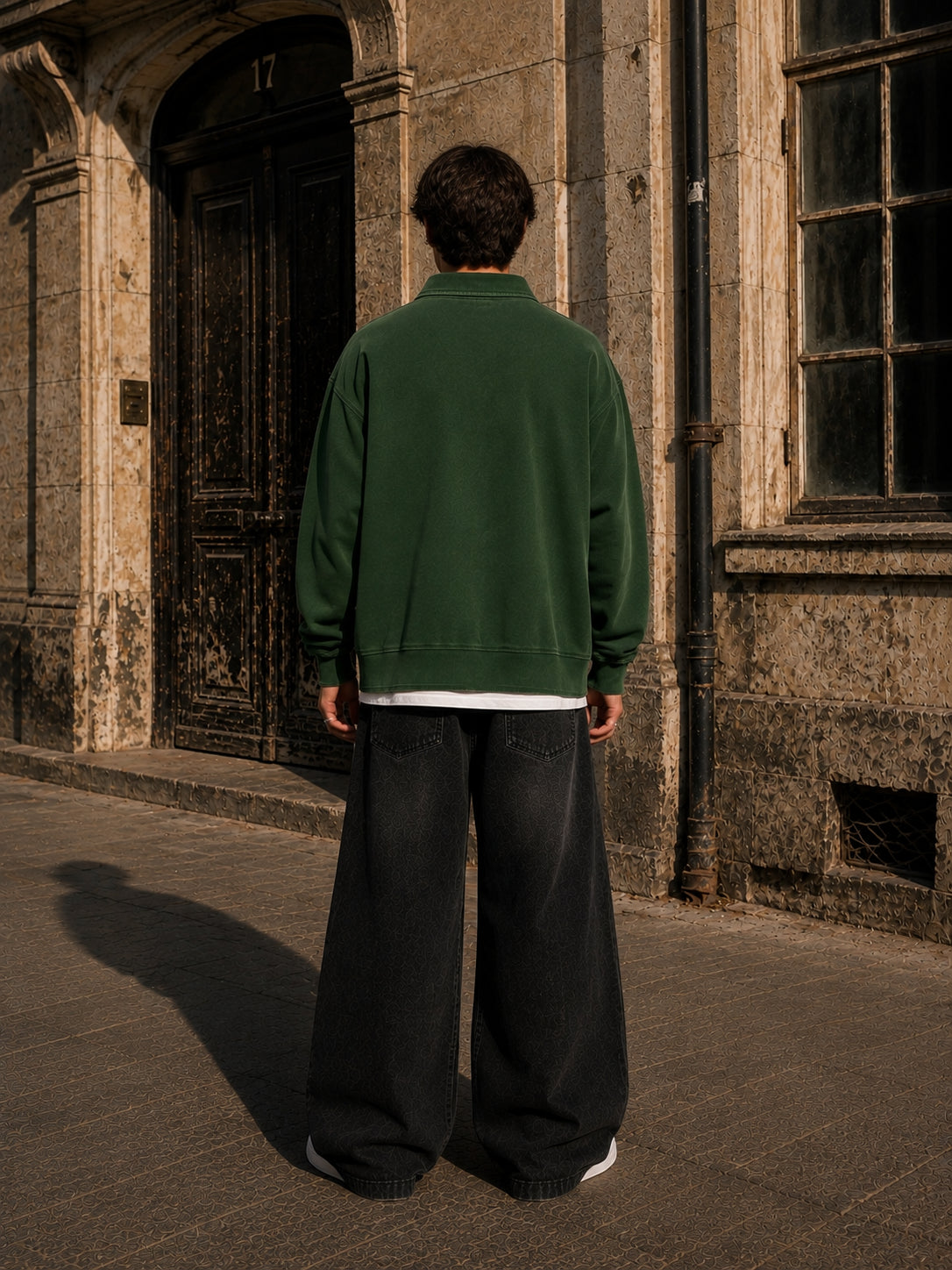 KEY ATELIER Vintage Wash Quarter-Zip Sweatshirt in Blackish Green – side or styling view
