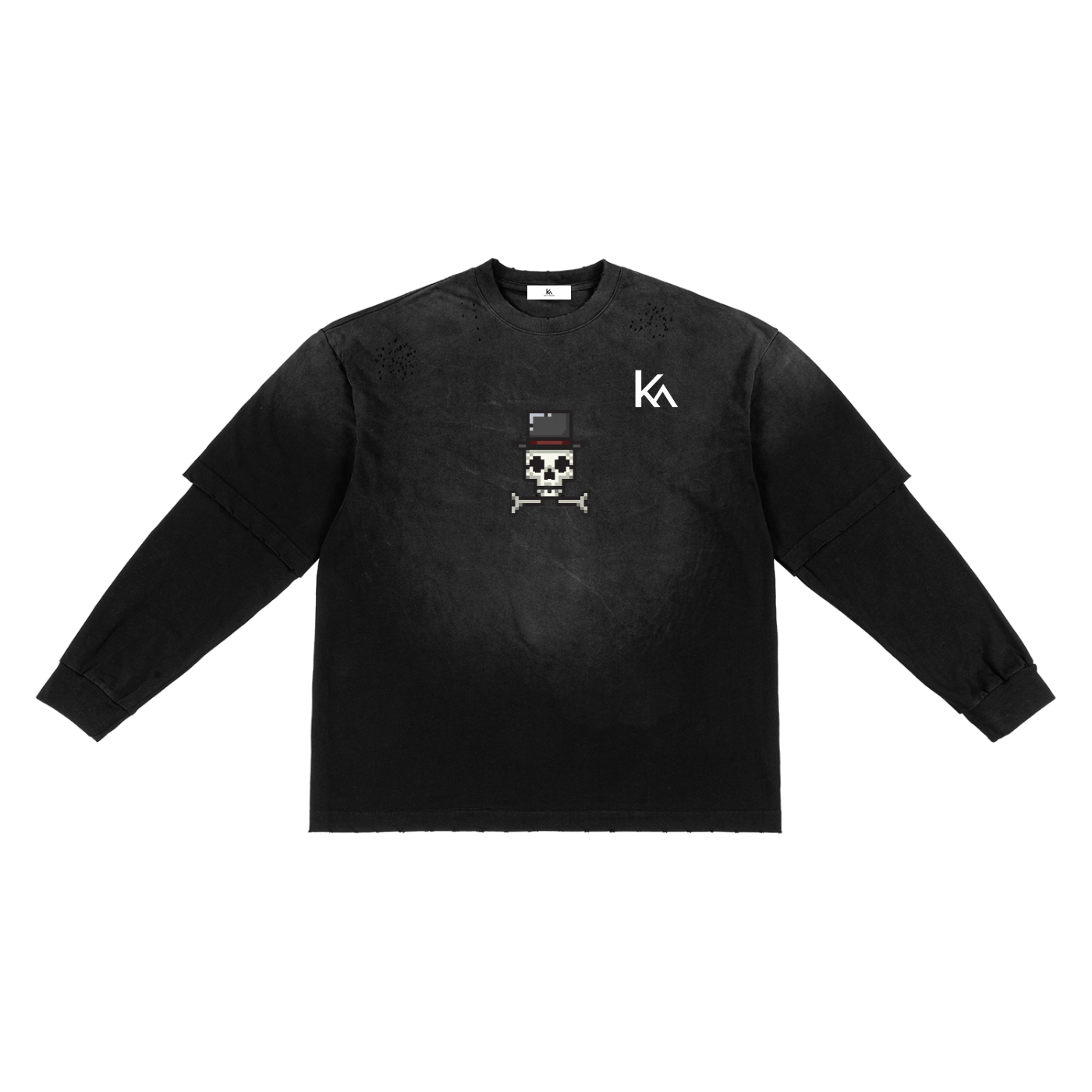 KEY ATELIER Sunfade Hand-Frayed Faux Two-Piece T-Shirt in Black – rear or styling view