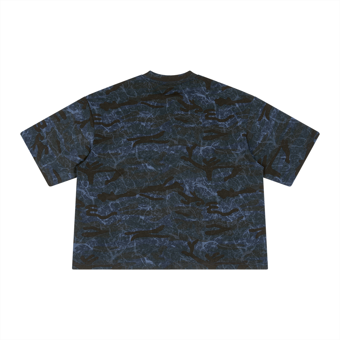 KEY ATELIER Boxy Camo Print T-Shirt in Blue Camo – rear or styling view
