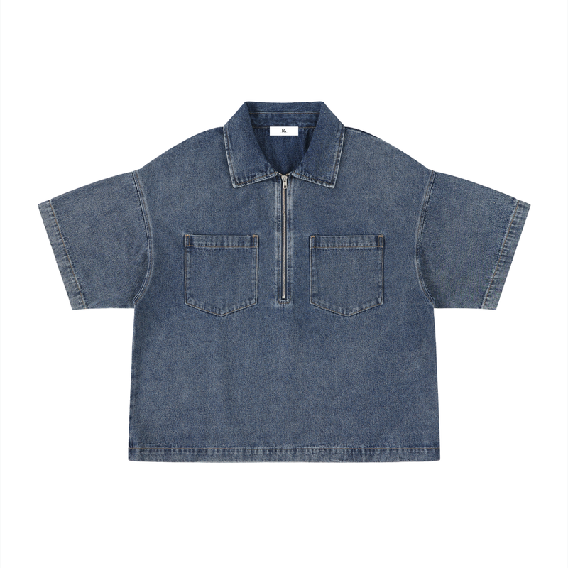 Vintage Wash Boxy Quarter-Zip Denim Shirt