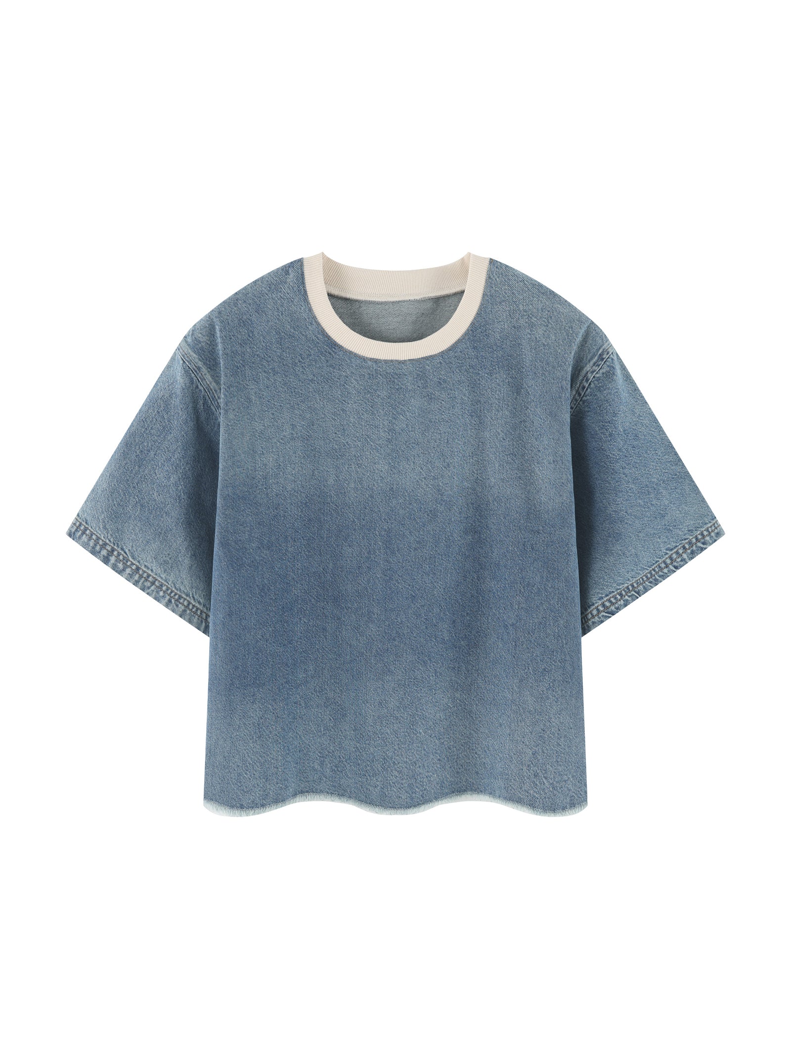 KEY ATELIER Wash Boxy Raw Hem Denim T-Shirt in Jeans Blue – rear or styling view