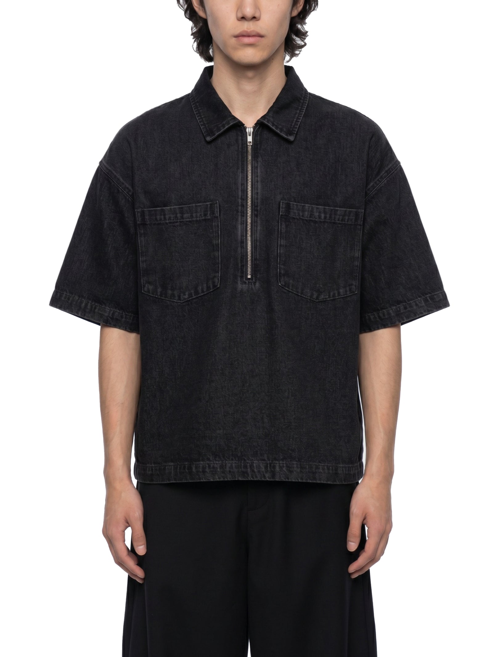 Vintage Wash Boxy Quarter-Zip Denim Shirt