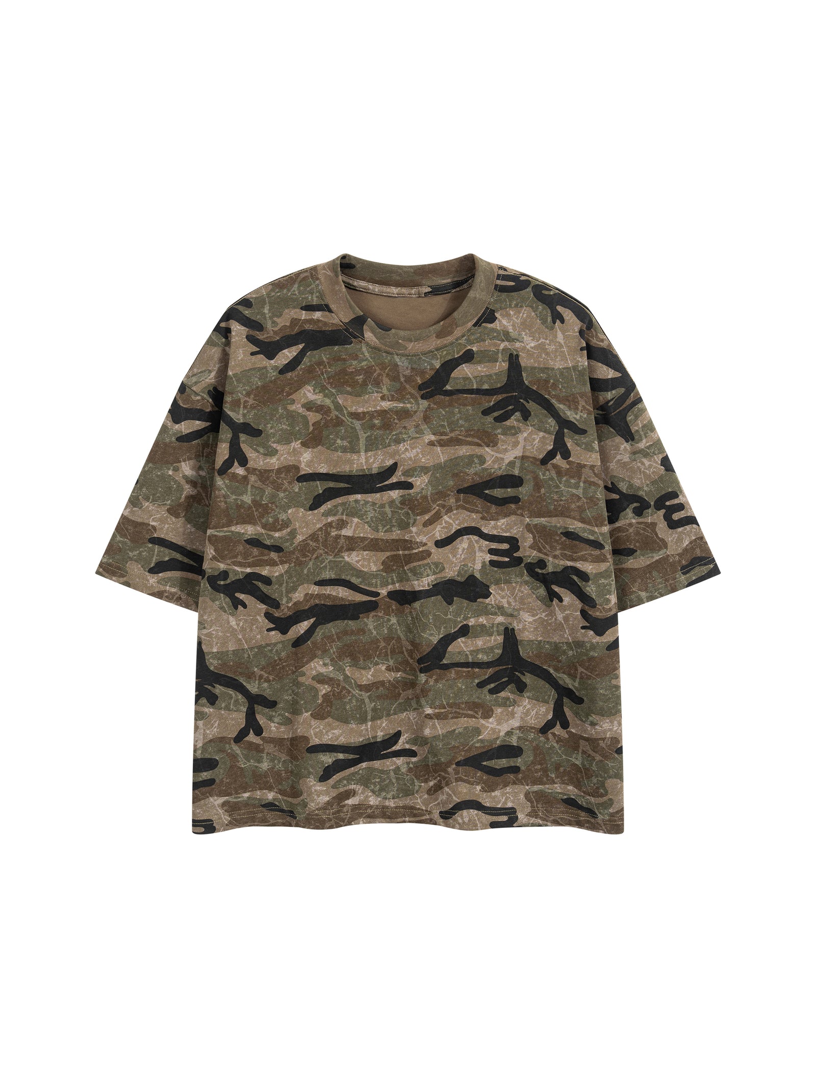 KEY ATELIER Boxy Camo Print T-Shirt in Green Camo – side or styling view